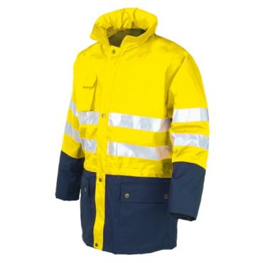 Parka A.V. acolchada bicolor. Amarillo flúor / Azul marino. Talla L